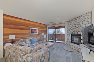 Carpeted living room featuring a stone fireplace