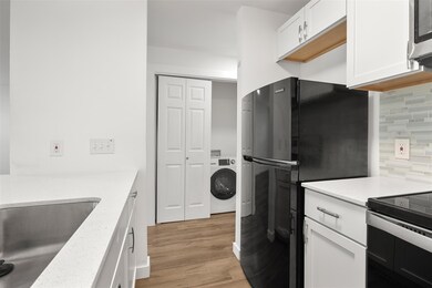 Kitchen with freestanding refrigerator, washer / 