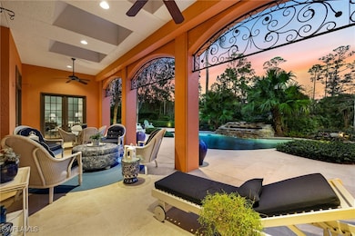 Patio terrace at dusk with french doors and ceilin