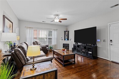 Living room featuring dark wood-type flooring and