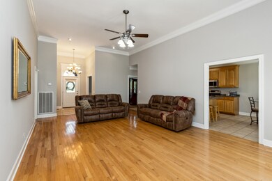 This is the Living/Great Room with 12 ft ceiling! The main level features hardwood flooring or tile in the wet areas so NO carpet on the first floor! There is also a lot of crown molding throughout!