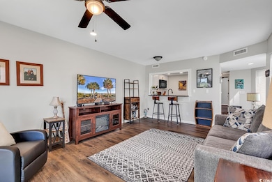 Living room featuring ceiling fan, hardwood / wood