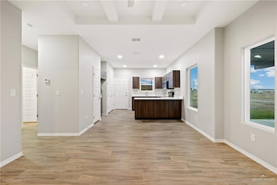 Kitchen featuring dark brown cabinets and light hardwood / wood-style floors