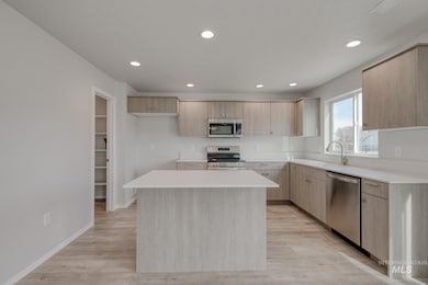 Kitchen featuring appliances with stainless steel finishes, light brown cabinets, recessed lighting, light wood finished floors, and light countertops