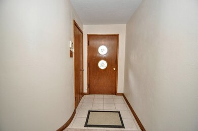 Entry with rounded wall leading to living room.