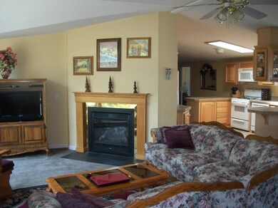 Fireplace with view to kitchen