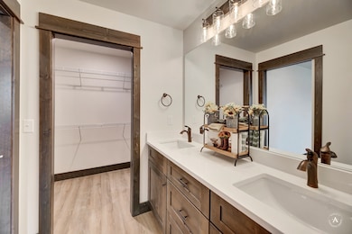 Bathroom featuring double vanity, light wood-style flooring, and a walk in closet