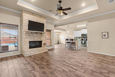 Living area with visible vents, a raised ceiling,