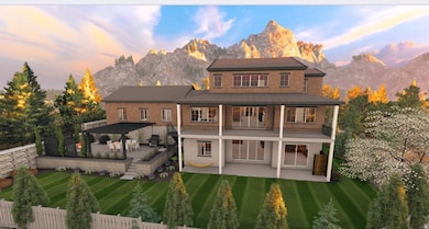 Back of property at dusk with a patio area, a mountain view, and brick siding