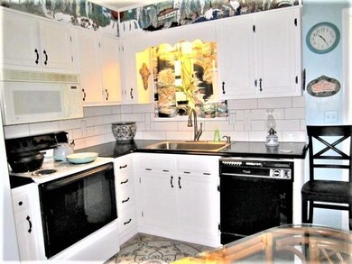 Kitchen with new quartz countertop, mosaic tile floor, custom painted mural over cabinets