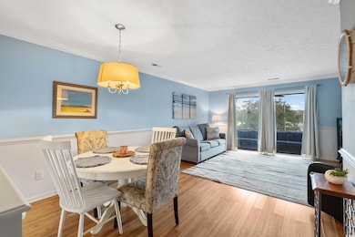 Dining area with a textured ceiling, ornamental mo