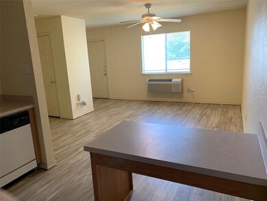 Kitchen featuring an AC wall unit, ceiling fan, li
