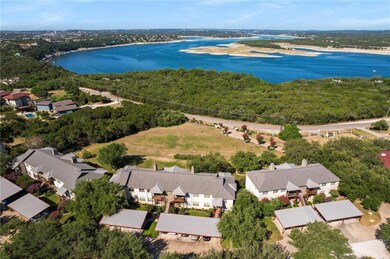 Aerial view of residential area with a large body