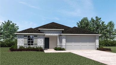 Ranch-style home with brick siding, driveway, a front lawn, and roof with shingles