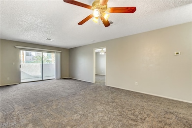 Carpeted empty room featuring a ceiling fan, a tex
