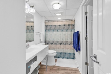 Full bath with toilet, vanity, wood finished floors, a shower with shower curtain, and a drop ceiling