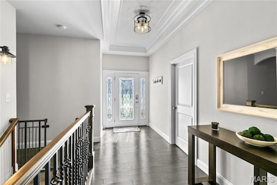 Entryway featuring dark wood finished floors, a raised ceiling, and crown molding