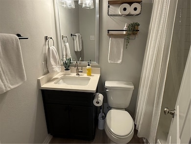 Full bathroom with vanity, toilet, and curtained s