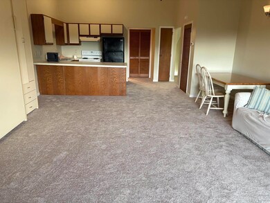 Kitchen with freestanding refrigerator, electric stove, under cabinet range hood, carpet flooring, and open floor plan