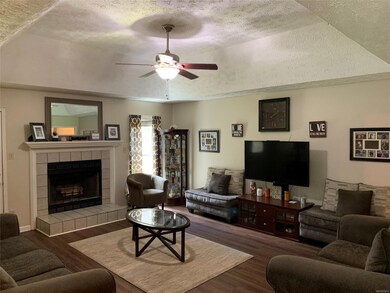 Living room with trey ceilings.