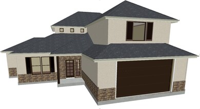 Builders Virtual View of the front elevation from the street. Beautifully coordinated Stone & Stucco with a composition roof