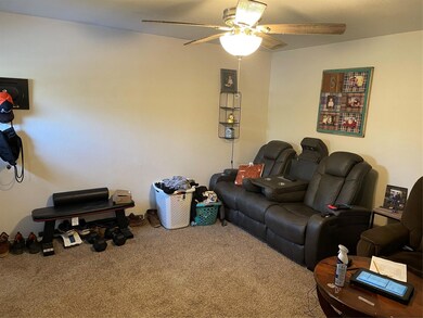 Carpeted living room with ceiling fan