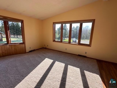 Unfurnished room featuring vaulted ceiling and car