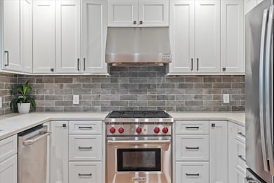 Kitchen with stainless steel appliances, extractor fan, and white cabinetry