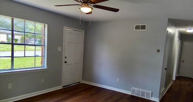 Foyer with ceiling fan, plenty of natural light, and wood finished floors