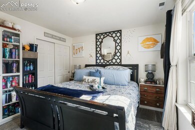 Carpeted bedroom featuring a closet
