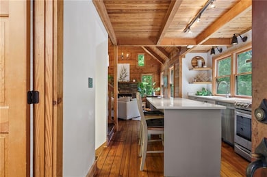 Kitchen with dark wood-type flooring, wood walls, 