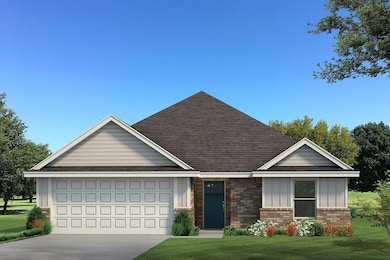 View of front facade with roof with shingles, board and batten siding, an attached garage, concrete driveway, and brick siding