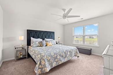 Bedroom featuring carpet flooring, baseboards, and a ceiling fan