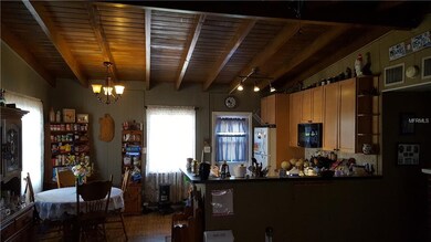 Living Room open to dining area and kitchen.  Tall valted ceilings.