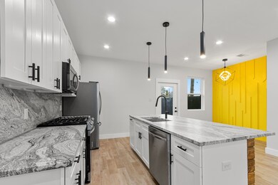 Stainless steel appliances, leathered finish grani