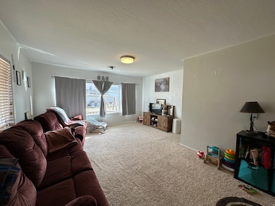 Carpeted living area featuring a textured ceiling and baseboards