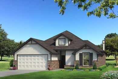 View of front facade with brick siding, a garage, a front yard, driveway, and a chimney