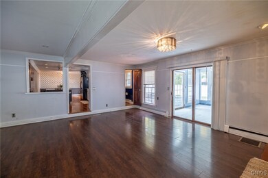 Family Room with view of half bath door open