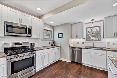 Kitchen with dark hardwood / wood-style flooring, white cabinets, appliances with stainless steel finishes, sink, and tasteful backsplash