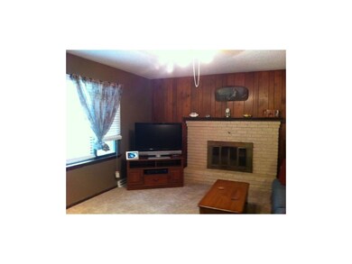 Living room features wood paneling and masonry fir