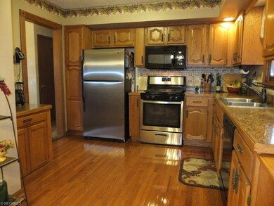 Kitchen has wood flooring and tile backsplash.