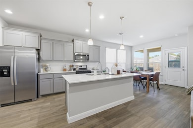 Kitchen with appliances with stainless steel finishes, decorative light fixtures, gray cabinetry, light wood-style flooring, and recessed lighting