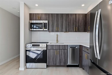 Kitchen featuring appliances with stainless steel finishes, dark brown cabinetry, modern cabinets, light wood-style flooring, and recessed lighting