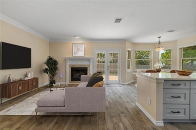 Living room with a fireplace, dark wood-type floo