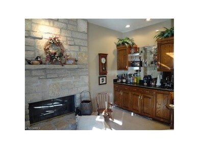 Close up of fireplace and wet bar.