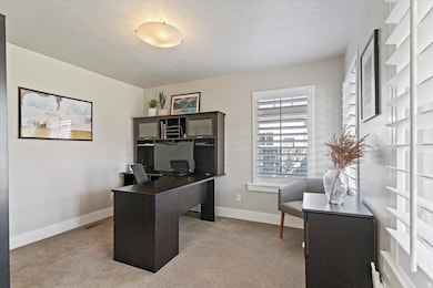 Office space featuring light colored carpet and a textured ceiling