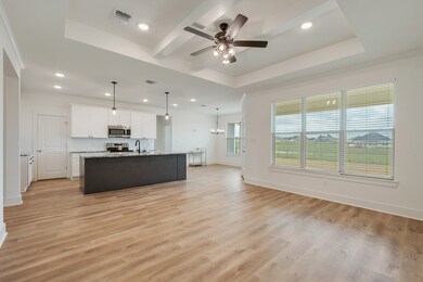 The open concept living space features raised tray