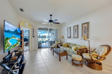 Tiled living room with ceiling fan
