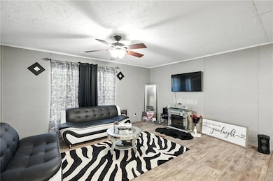 Living room with wood finished floors, a ceiling fan, and ornamental molding