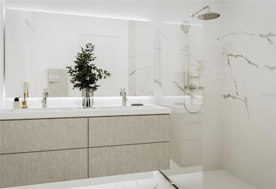 Modern Dual Sink Floating Vanities with Single Door Flat-Panel Cabinetry and Quartz Countertops